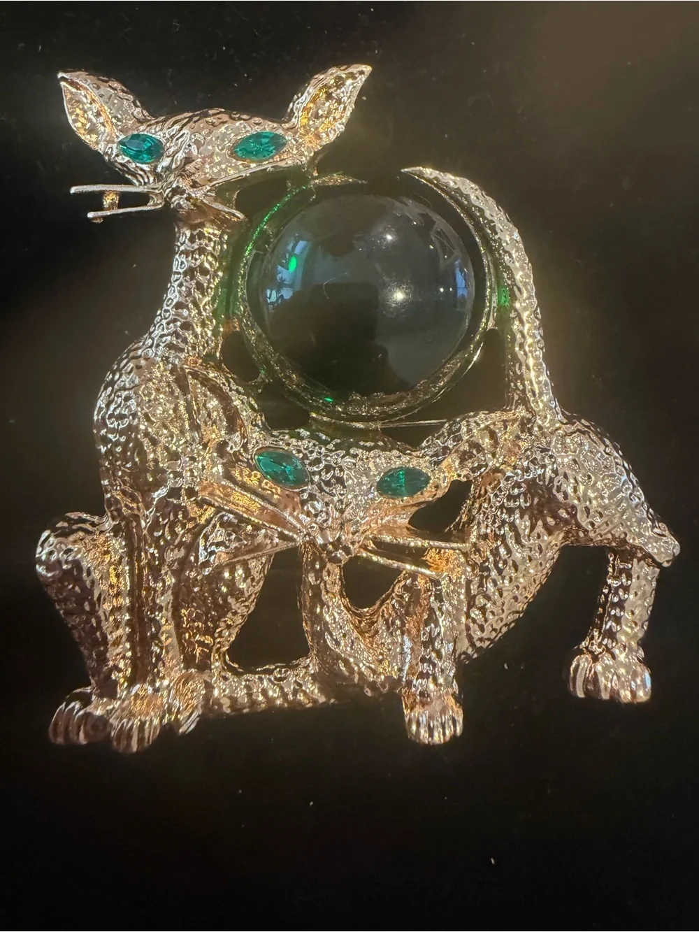 LARGE Vintage Gold Cat Brooch with Emerald Green Accents. Kitschy Anthropomorphi